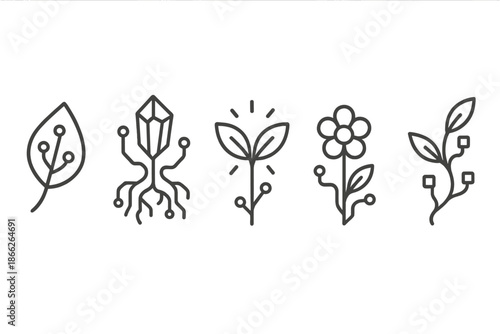 Cyber Biome Icons. Line style icons of Cyber Biome: luminous leaf, glowing crystal root, radiant plant, digital bloom, pulsing