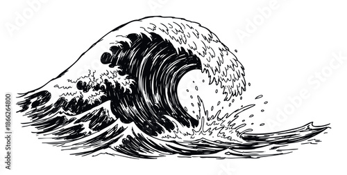 Dynamic ocean wave drawing with powerful breaking water and sea foam, perfect for surf themed graphics or marine environment projects