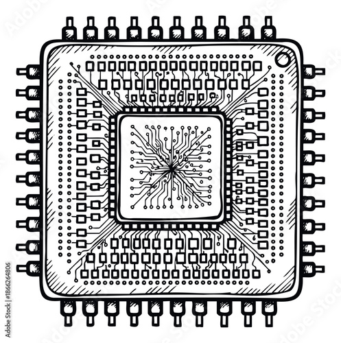 Hand drawn black and white microprocessor integrated circuit chip sketch representing modern technology and computing for engineering and scientific applications
