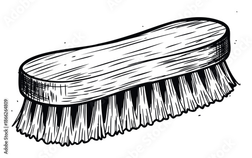Hand drawn scrub brush for household cleaning chores and hygiene tasks, perfect for illustrating cleaning products or home maintenance guides