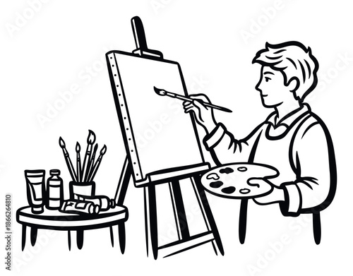 Monochrome line drawing of a male painter creating on a canvas set on an easel, holding a brush and paint palette, suitable for educational resources or studio advertisements.