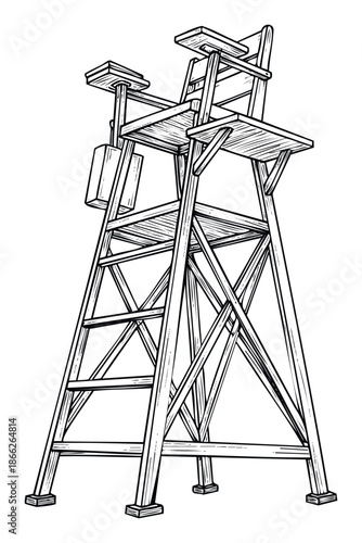 A sturdy wooden lifeguard chair provides an elevated vantage point for observation, ideal for beach safety graphics or recreation advertisements.