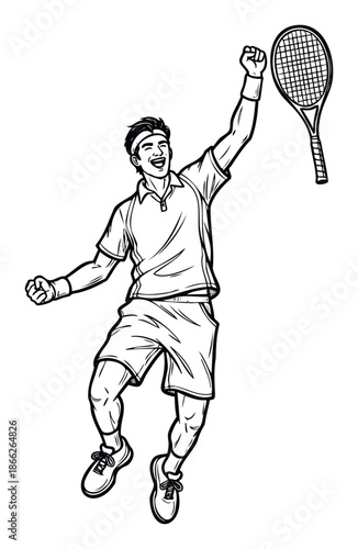 Energetic Asian male tennis player triumphantly leaping with a racket in hand, celebrating a hardearned point or tournament victory for sports event promotions and athletic achievement