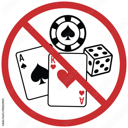 No gambling forbidden sign on white background, featuring a flat style casino prohibited symbol, suitable for warning signs, public awareness, safety graphics, and regulatory design projects.