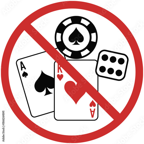 No gambling icon showing casino prohibition symbol in flat vector style, ideal for signage, restricted areas, public warnings, gaming regulation graphics, and educational illustrations.