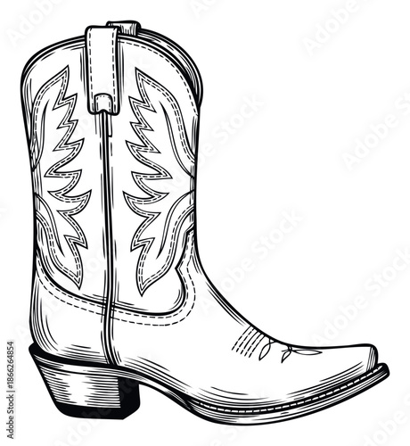 Authentic cowboy boot with classic decorative stitching, ideal for westerninspired branding, country lifestyle content, apparel advertisements, or rustic event promotions.
