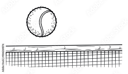 Bold black and white graphic of a tennis ball in motion above the net, ideal for sports branding, athletic event promotion, active lifestyle marketing, or educational materials about
