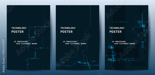 AI Technology Poster Set, Deep Learning Concept with Processing Data And Blue Circuit CPU background