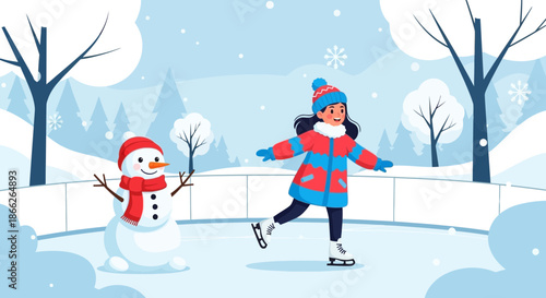 Winter Fun Girl Ice Skating with Snowman Companion.