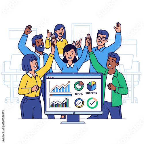 A focused project team celebrates successful completion of a complex deadline with celebratory high fives, gathered around a large monitor showing positive metrics in a 2D flat graphic scene