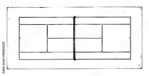 Overhead view of a hand drawn tennis court diagram with boundary lines and a net, perfect for sports training materials, game strategy presentations, and athletic competition layouts.