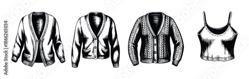 Assortment of classic cardigan sweaters and a simple spaghetti strap top rendered in a vintage engraving style perfect for textile prints or boutique advertising