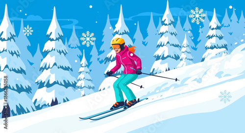 Woman Skiing Down a Snowy Slope in Winter.