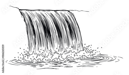 Dynamic depiction of a powerful waterfall cascading down a rock face with energetic water splashes and ripples below perfect for nature themed media and environmental projects