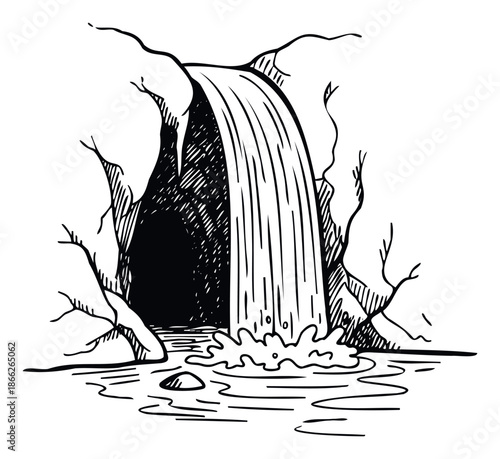 Striking black and white line art depicting a powerful waterfall flowing from a rugged rock cave into a placid water basin, ideal for environmental education, adventurethemed print media,