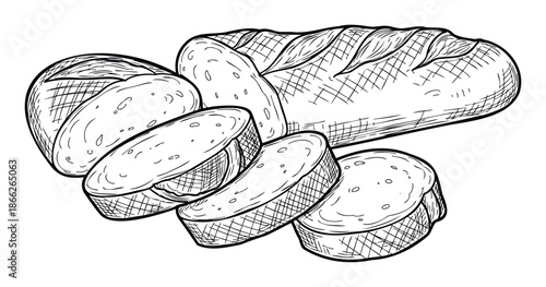 Classic hand drawn black and white line art of freshly baked loaf bread with several sliced pieces, perfect for bakery menus, culinary blogs, or food packaging designs.