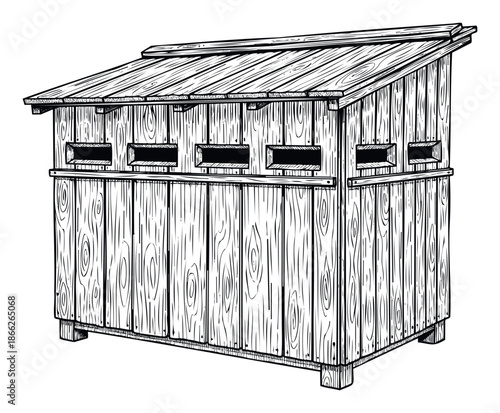 Wooden hunting blind for duck hunting with viewing slots and a slanted roof offering concealment for outdoor recreational activities or wildlife observation projects