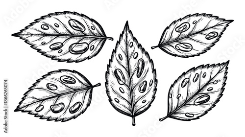 Detailed black and white sketch of fresh plant leaves adorned with glistening water drops, suitable for print materials, educational content, organic product packaging, or web graphics