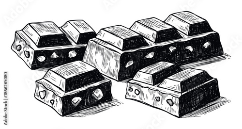 Appetizing monochrome hand drawn sketch of various chocolate chunks and a full bar ideal for snack packaging food preparation articles or sweet treat promotions