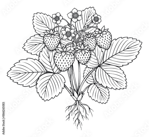 Detailed botanical line drawing of a thriving strawberry plant with ripe berries, delicate flowers, green leaves, and visible roots, useful for food packaging, gardening guides, and health