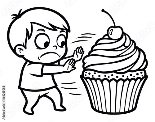 Young boy refusing a delicious sweet cupcake, demonstrating healthy eating habits and strong willpower against sugary treats for educational and lifestyle content.