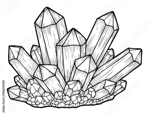 Stylized black outline drawing of various natural mineral crystals arranged in a cluster, ideal for mystical themes, spiritual designs, or rock collector projects