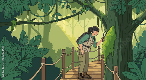 Botanist Examining Moss in Lush Jungle Environment.