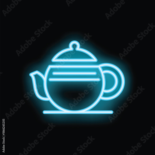 Bright blue neon sign in the shape of a teapot is glowing on a black background