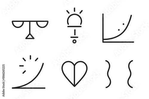 Rational Emotion Icons. Line style icons of Rational Emotion: balanced beam, glowing fraction, curved axis, radiant curve, soft