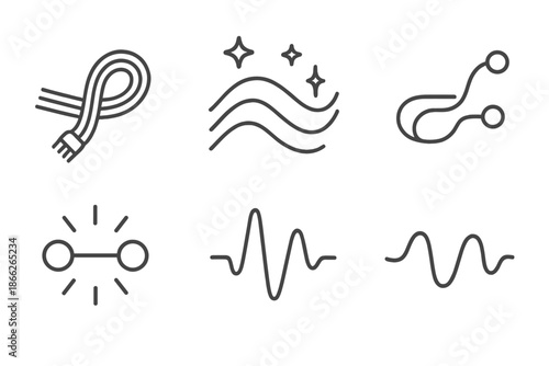 Ocean of Wires. Line style icons of Ocean of Wires: flowing cable, glowing wave, curved circuit line, radiant connection, soft