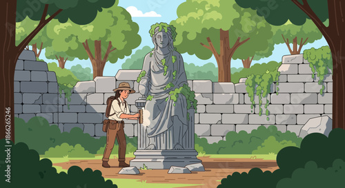 Cartoon Explorer Examining Ancient Statue in Jungle Ruins.