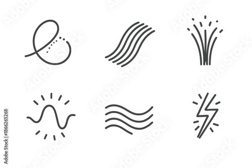 Techno Currents Icons. Line style icons of Techno Currents: luminous thread, curved pattern, glowing fiber, radiant wave, soft