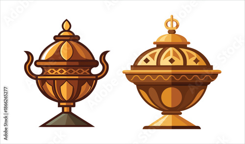 Elegant Ornate Bronze and Gold Incense Burners, Decorative Vessels with Lids, Isolated