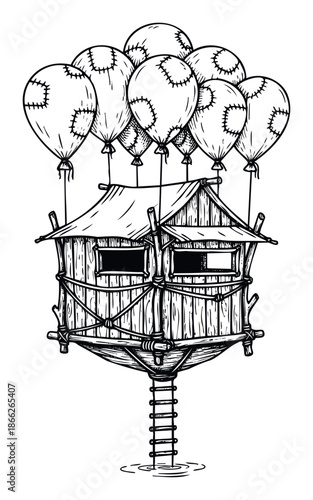 Rustic wooden hut suspended above water by numerous stitched cloth balloons, creating an imaginative scene suitable for enchanting storybooks and dreamlike journey concepts.