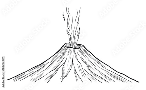 A striking black and white line drawing illustrating a formidable volcanic eruption with smoke dramatically rising from the mountain summit, suitable for educational resources,