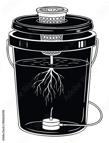 A commercial black and white diagram of a deep water culture hydroponic system for growing plants without soil, perfect for educational materials or agricultural technology promotions.