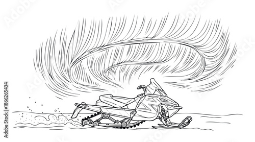 Dynamic black and white depiction of a snowmobile traversing deep snow under a swirling abstract light formation, ideal for extreme winter recreation and energetic visuals.