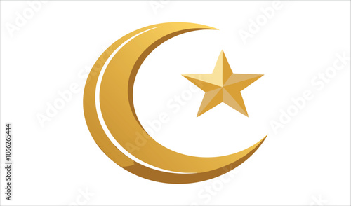 Golden Crescent Moon and Star Symbol on White Background for Islamic Culture and Faith Representation