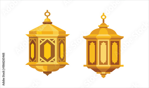 Two ornate golden Islamic lanterns with intricate geometric patterns hanging on white background