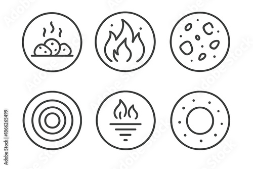 Burning Silence Icons. Line style vector icons of Burning Silence: dim coals, soft flames, drifting ash, circular heat, slow