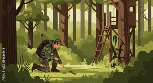 Hunter Tracking Footprints in Forest with Hunting Stand.