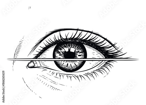Detailed close up of a human eye featuring a prominent horizontal line across the iris, ideal for concepts related to biometric scanning, digital security, or personal data privacy.