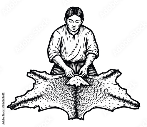 Asian woman meticulously preparing an animal hide using traditional methods, ideal for illustrating ancient leather working processes, cultural heritage themes, and historical craft