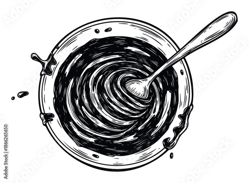 Top down view of a spoon actively mixing rich dark viscous liquid in a round ceramic bowl with energetic splashes, perfect for culinary content, recipe books, and foodie promotions.
