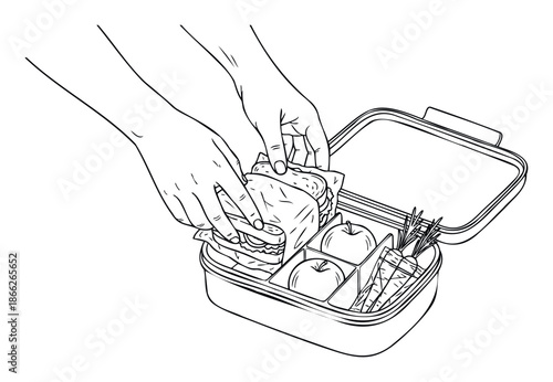Hands carefully preparing a nutritious packed lunch with sandwiches, apples, and carrots in a bento box, perfect for showcasing healthy eating, school meals, or meal prep concepts.