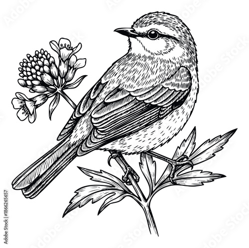 Elegant small bird perched on a botanical branch with delicate blossoms, perfect for naturethemed design projects, educational materials, and decorative prints seeking a vintage aesthetic