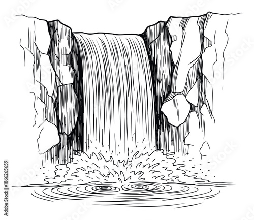 Waterfall cascading between rugged rock formations into a calm pool with dynamic water splashes and gentle ripples, perfect for naturethemed graphic projects and educational materials.