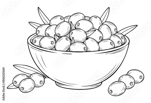 Delicious fresh green olives in a ceramic bowl with olive leaves, perfect for food packaging, healthy eating guides, or Mediterranean cuisine recipe books and blogs