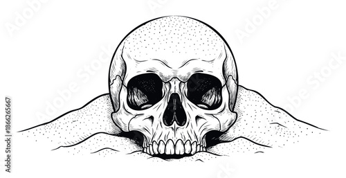 Spooky human skull illustration emerging from the earth with intricate black and white line work and subtle stippling for texture, suitable for dark fantasy themes and vintage tattoo designs