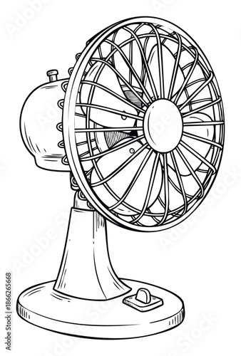 Detailed outline drawing of a vintage electric desk fan designed to provide cooling air circulation, suitable for home appliance presentations and summer comfort publications.